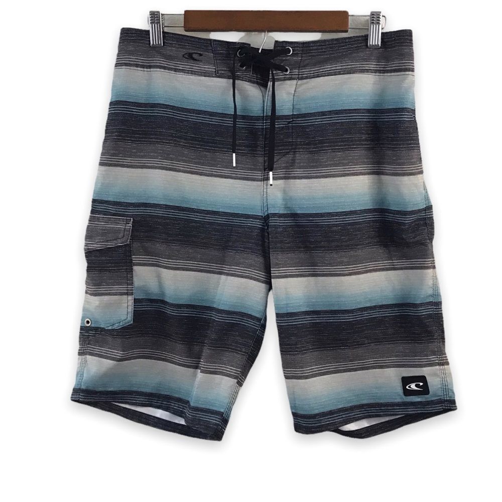 O’Neill Men's Size 32 Hybrid Board Shorts Blue Gray Stripe Tie Waist Surf‎ Beach
